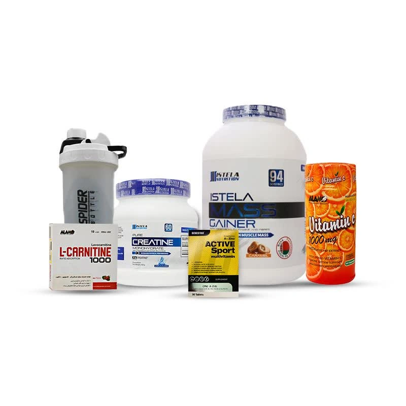 پک رونالدو MK مس گینر طعم کارامل 3 کیلویی استلا+کراتین مونوهیدرات 300 گرم استلا+مولتی ویتامین اکتیو اسپورت+ال کارنتین 1000 الانو+ویتامین ث 1000الامو+شیکر