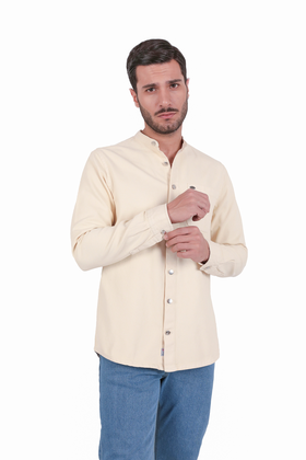 پیراهن کتان مردانه یقه ایستاده تک جیب