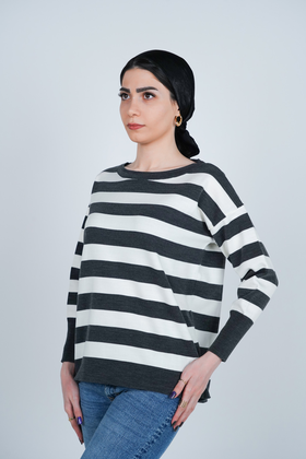 بافت آستین بلند یقه گرد راه راه زنانه 