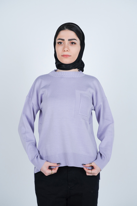 بافت یقه گرد آستین بلند جیب دار زنانه 