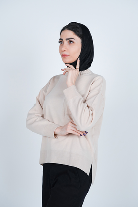 بافت یقه گرد آستین بلند جیب دار زنانه 