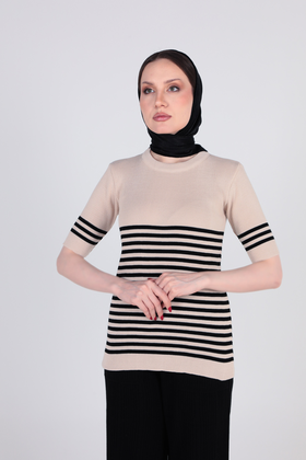 بافت آستین کوتاه یقه گرد راه راه زنانه