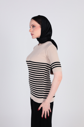 بافت آستین کوتاه یقه گرد راه راه زنانه