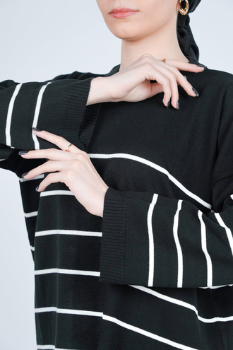 بافت یقه گرد راه راه آستین بلند زنانه - 