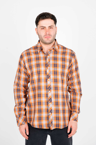 پیراهن آستین بلند یقه برگردان چهارخانه مردانه - 