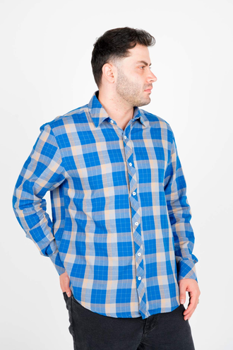 پیراهن آستین بلند یقه برگردان چهارخانه مردانه - 