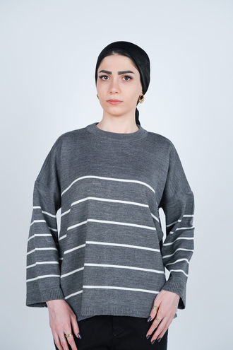 بافت یقه گرد راه راه آستین بلند زنانه - 