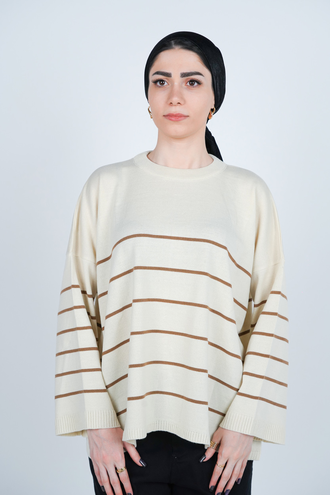 بافت یقه گرد راه راه آستین بلند زنانه  - 