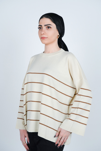 بافت یقه گرد راه راه آستین بلند زنانه  - 