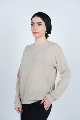 تیشرت بافت یقه گرد آستین بلند زنانه - 