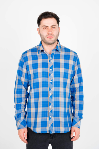 پیراهن آستین بلند یقه برگردان چهارخانه مردانه - 