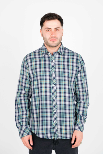 پیراهن آستین بلند یقه برگردان چهارخانه مردانه - 