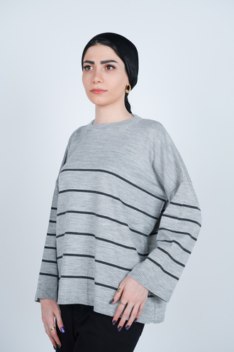 بافت یقه گرد راه راه آستین بلند زنانه  - 