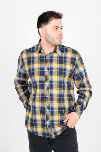 پیراهن آستین بلندیقه برگردان چهارخانه مردانه - 