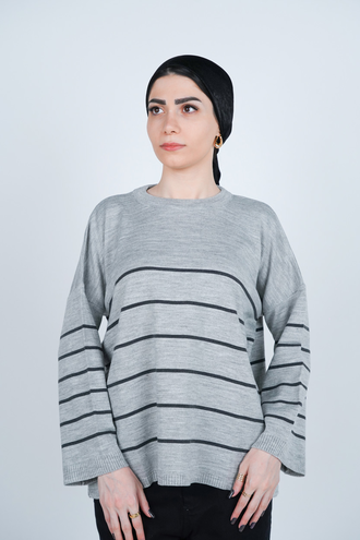 بافت یقه گرد راه راه آستین بلند زنانه  - 