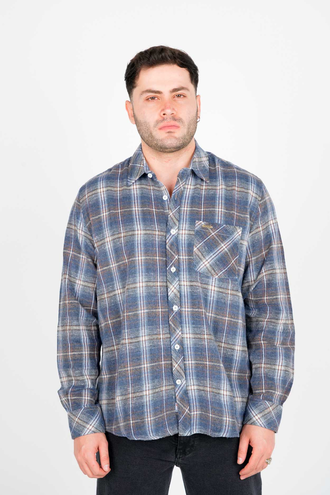 پیراهن آستین بلند پشمی یقه برگردان چهارخانه مردانه  - 