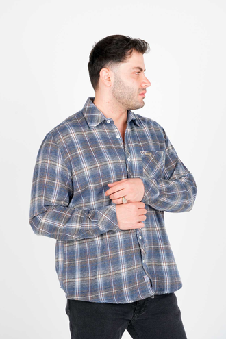 پیراهن آستین بلند پشمی یقه برگردان چهارخانه مردانه  - 