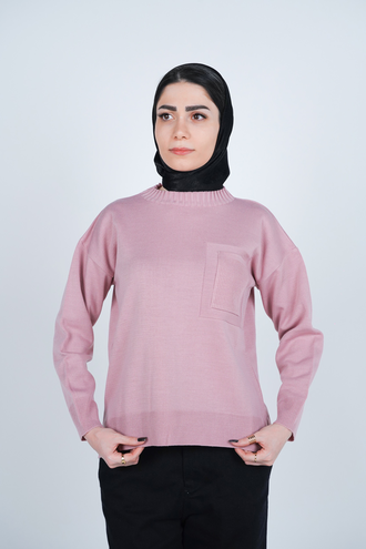 بافت یقه گرد آستین بلند جیب دار زنانه  - 