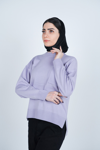 بافت یقه گرد آستین بلند جیب دار زنانه  - 