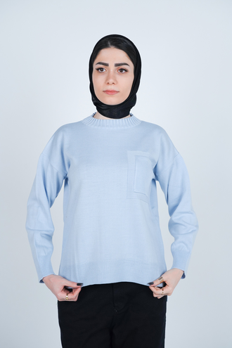 بافت یقه گرد آستین بلند جیب دار زنانه  - 