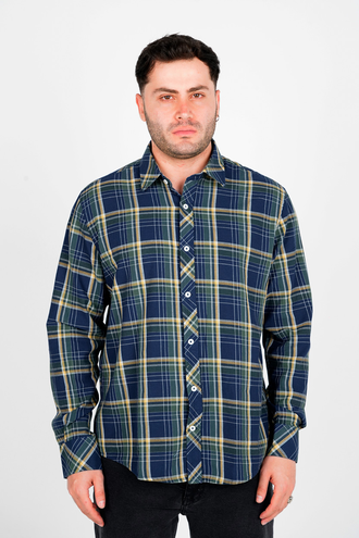 پیراهن آستین بلند یقه برگردان چهارخانه مردانه - 