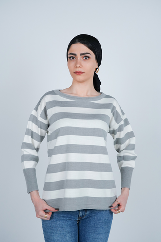 بافت آستین بلند یقه گرد راه راه زنانه - 