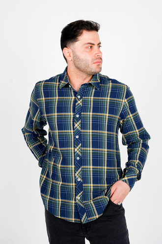 پیراهن آستین بلند یقه برگردان چهارخانه مردانه - 