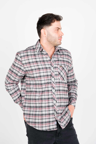 پیراهن آستین بلند پشمی یقه برگردان چهارخانه مردانه  - 