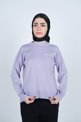 بافت یقه گرد آستین بلند جیب دار زنانه  - 