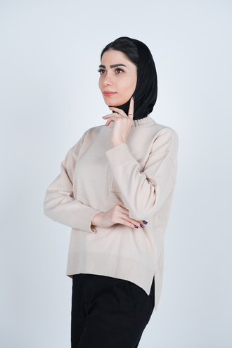 بافت یقه گرد آستین بلند جیب دار زنانه - 