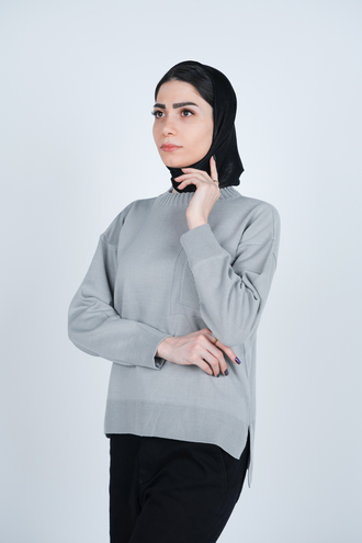 بافت یقه گرد آستین بلند جیب دار زنانه  - 