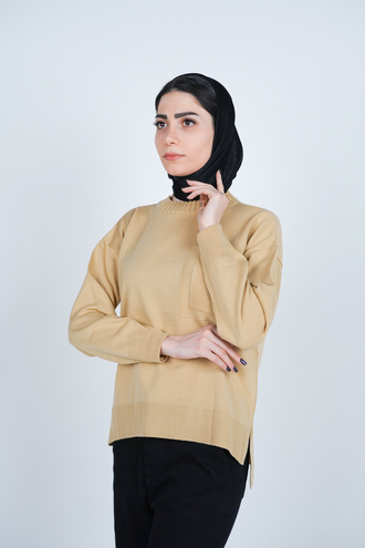 بافت یقه گرد آستین بلند جیب دار زنانه - 