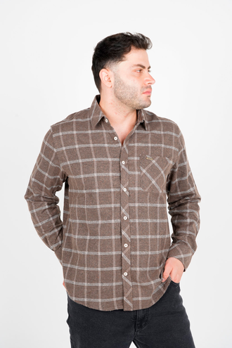 پیراهن آستین بلند پشمی یقه برگردان چهارخانه مردانه  - 