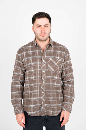 پیراهن آستین بلند پشمی یقه برگردان چهارخانه مردانه  - 