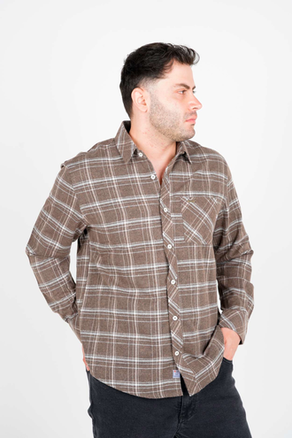 پیراهن آستین بلند پشمی یقه برگردان چهارخانه مردانه  - 