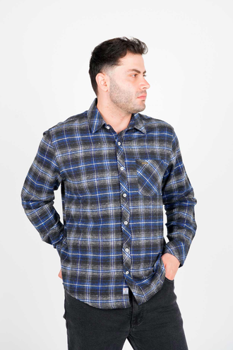 پیراهن آستین بلند پشمی یقه برگردان چهارخانه مردانه  - 