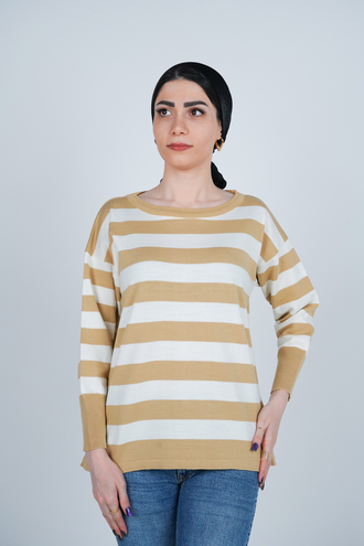 بافت آستین بلند یقه گرد راه راه زنانه  - 