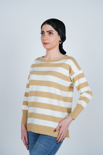 بافت آستین بلند یقه گرد راه راه زنانه  - 