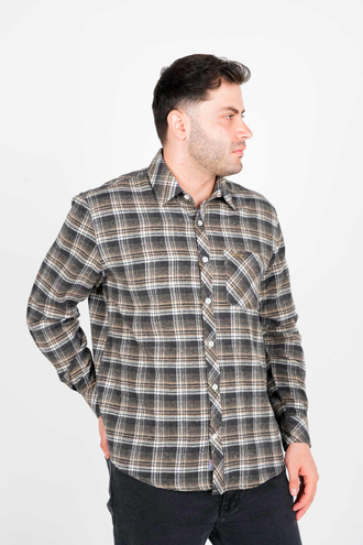 پیراهن آستین بلند پشمی یقه برگردان چهارخانه مردانه - 