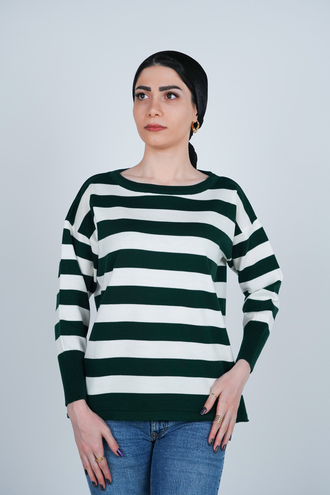 بافت آستین بلند یقه گرد راه راه زنانه  - 