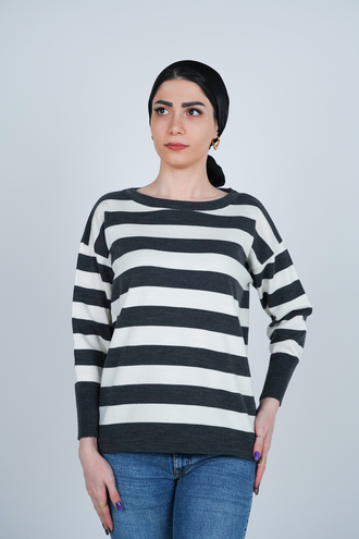 بافت آستین بلند یقه گرد راه راه زنانه  - 