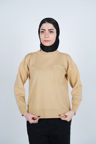 بافت یقه گرد آستین بلند جیب دار زنانه - 