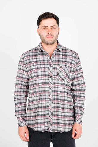 پیراهن آستین بلند پشمی یقه برگردان چهارخانه مردانه  - 