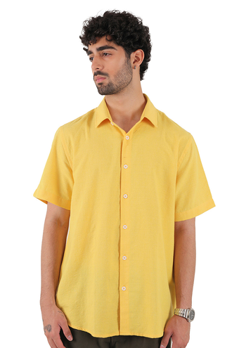 پیراهن آستین کوتاه یقه برگردان لینن مردانه - 