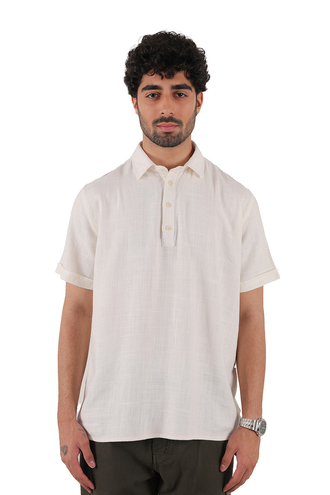 پیراهن آستین کوتاه یقه چهار دکمه لینن مردانه - 