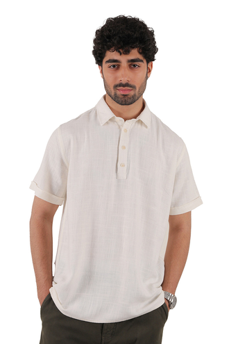 پیراهن آستین کوتاه یقه چهار دکمه لینن مردانه - 