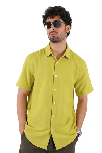 پیراهن آستین کوتاه یقه برگردان لینن مردانه - 