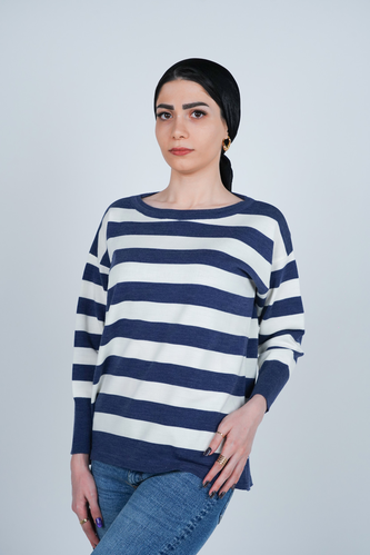 بافت آستین بلند یقه گرد راه راه زنانه 