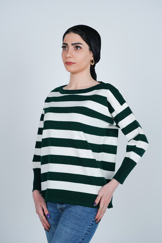 بافت آستین بلند یقه گرد راه راه زنانه 