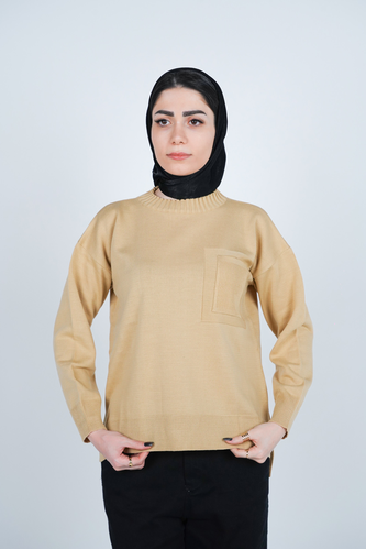 بافت یقه گرد آستین بلند جیب دار زنانه